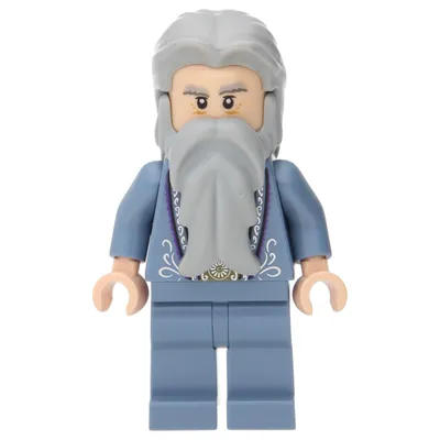 A LEGO minifigure of Albus Dumbledore against a white background.