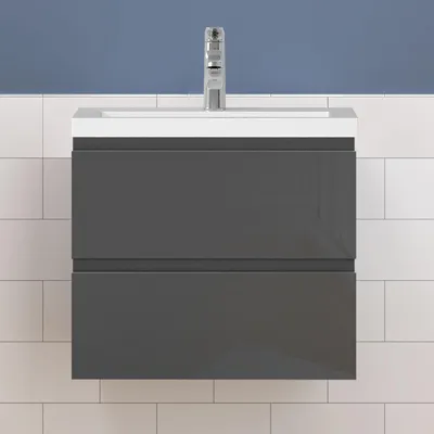 Produktbild von Waschtisch mit Unterschrank 60cm Alast Badmöbel Set Hochglanz Dunklegrau Rechteckiges Waschbecken mit Unterschrank MDF Softclose