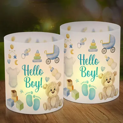 12 Windlichter Tafeldeko, blau, Bärenmotiv, Babyparty, Geburtstag