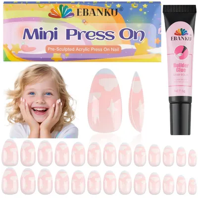 Obrázek produktu pro Umělé nehty pro děti, růžová mandlová barva, 26 kusů, sada umělých nehtů z akrylu s lepidlem