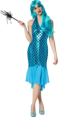 A woman in a mermaid costume holding a trident.