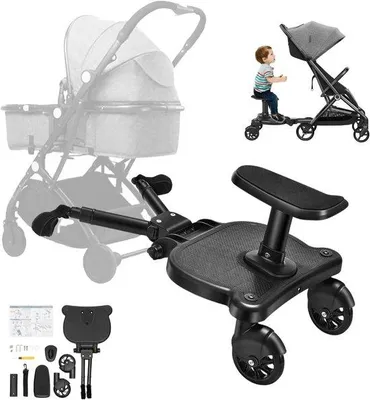 Produktbild von Kinderwagen - Buggyboard mit Sitz - Reisen mit Kindern - Universal 2-in-1-Design - Max 55 kg - Schwarz