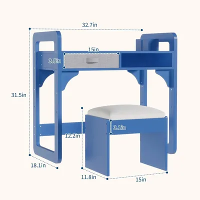 Produktbild von Kinder Schreibtisch mit Stuhl - Höhenverstellbares Holzset - Mit Regal - Stoffschublade - Stifthalter - Für Hausaufgaben, Lesen und Schreiben - Blau