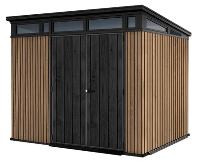 Image de Pent 9x7 - Abri de jardin 279x226x218 cm 2 portes pour rangement d’outils finition effet bois Evotech+ en résine marron et noire