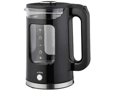 A black electric kettle with a glass water level indicator and a silver base, shown against a white background.