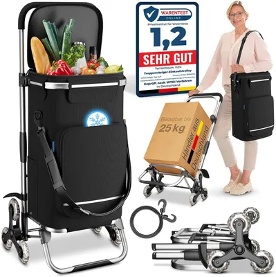 A collage of images showcasing a black shopping trolley with groceries, a woman carrying a shopping bag, a cardboard box on a trolley, and a folded trolley.