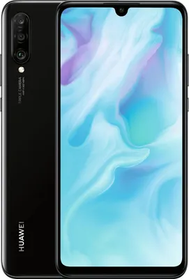 A black Huawei P30 Lite smartphone is shown from the front and back, with its screen displaying a colorful abstract wallpaper.