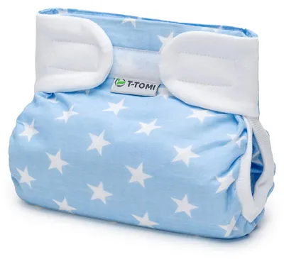 Produktbild von T-TOMI Orthopädisches Spreizhöschen für breites Wickeln – Klettverschluss – Blue stars (5–9 kg)