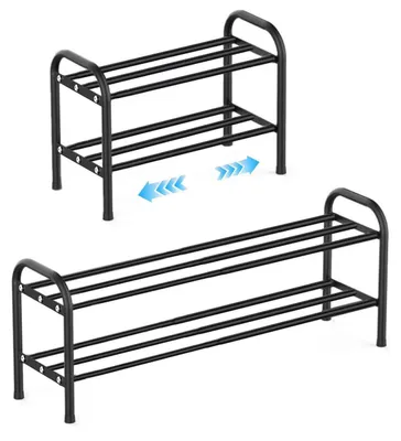 Image de Étagère à chaussures en métal, noire, extensible de 43 à 78 cm, 2 niveaux, gain de place