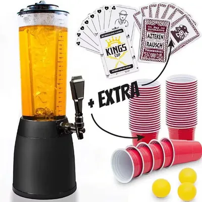 Produktbild von XXL Kult Spalte Biertrinksäule Turm mit Zapfhahn & Kühlung - 4L Getränketurm für Partys inkl. 50 Becher & 2 Spiele - Party Biertower