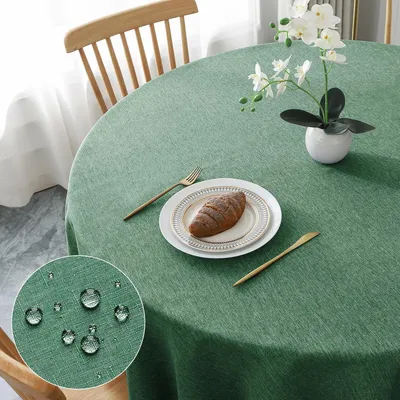 Obrázek produktu pro Obdélníková ubrus, průměr 120 cm, zelená, vzhled lnu, polyester, voděodolná, odolná proti poškrábání, lze umýt