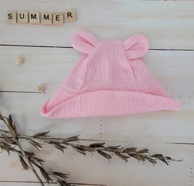 Productafbeelding van Zomerhoed van mousseline met oortjes, roze, maat 68/80