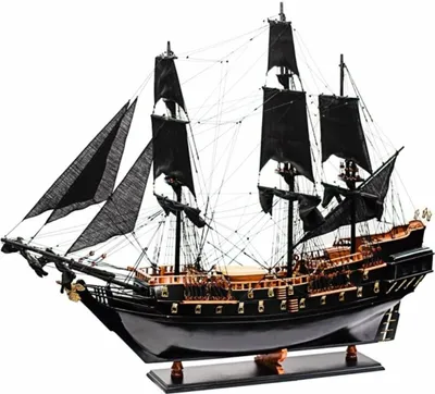 Produktbild von Casa Padrino Luxus Piratenschiff Black Pearl mit Massivholz Ständer Schwarz / Braun 85 x 28 x H. 90 cm - Handgefertigtes Deko Schiff Holzschiff Segelschiff Flaggschiff - Deko Accessoires