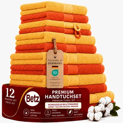 Produktbild von Betz 12-tlg. Handtuch-Set PREMIUM 2 Duschtücher 4 Handtücher 2 Gästetücher 2 Seiftücher 2 Waschhandschuhe Farbe: honiggelb / blutorange, KI-generiertes Bild