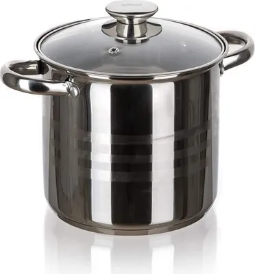 A stainless steel pot with a glass lid is shown against a white background.