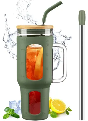 Image de Verre à boisson avec couvercle et paille - Gobelet de 1400 ml pour café glacé, avec anse, sans BPA