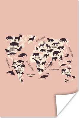 Produktbild von MuchoWow® Poster Weltkarte - Tiere - Scherenschnitt 120x180 cm - Kunstposter