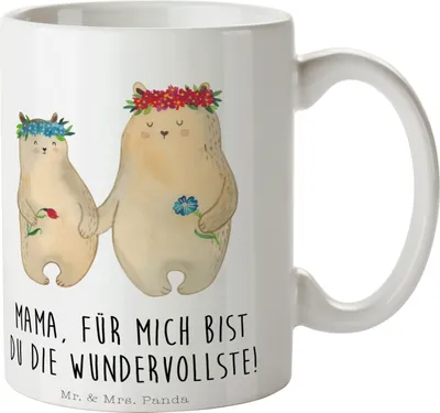 Produktbild von Mr. & Mrs. Panda Kaffeetasse Bären mit Blumenkranz - Weiß - Geschenk, Kaffeebecher, Vatertag, Tochter, Becher, Teetasse, Bär, Mama, Mutter, Familie, bedruckt, Muttertag