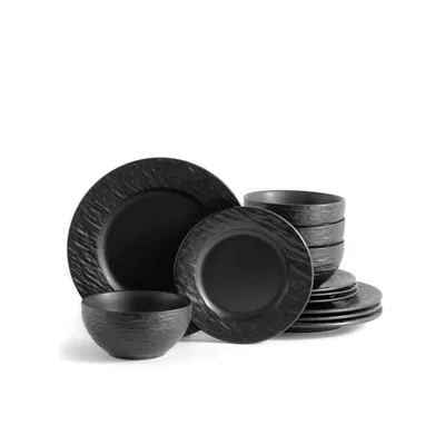 Produktbild von ECHTWERK Tafelservice 12-teilig "New Modern", für 4 Personen, Schiefer-Optik, aus Steingut, 4 Speiseteller, 4 Beilagenteller, 4 Schüsseln, Black