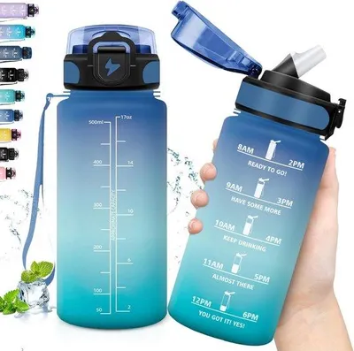 Productafbeelding van Drinkfles met Rietje - Blauw - 500 ml - Lekvrije Sportfles met Tijdschaal - Voor Kinderen en Volwassenen