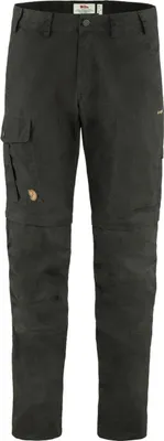 A pair of dark gray cargo pants with zip-off legs.