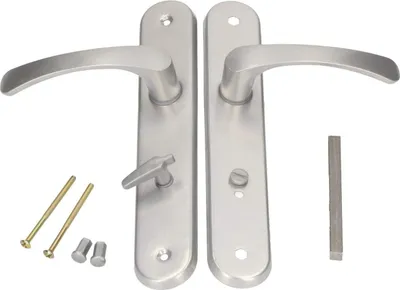 A set of silver door handles and associated hardware are laid out on a white background.