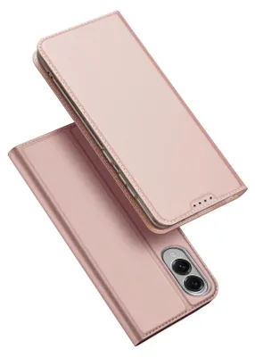 A rose gold colored phone case is shown in a studio setting.