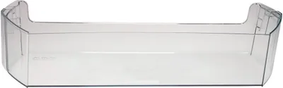 A clear plastic refrigerator door shelf on a white background.
