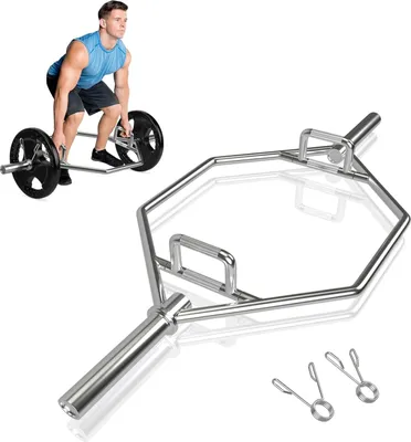 Zdjęcie produktu dla KOMFOTTEU Trap Bar ze składanym uchwytem, stalowy drążek do martwego ciągu z blokadą sprężynową, sztanga 142 cm do 362 kg, drążek olimpijski do przysiadów, martwego ciągu