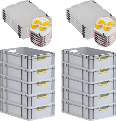 Produktbild von SparSet 10x Eurobox NextGen Color mit Auflagedeckel und Schiebeschnappverschlüsse | HxBxT 17x40x60cm | 34 Liter | Grau | Griffe gelb offen | Glatter Boden | Eurobehälter, Transportbox, Transportbehälter, Stapelbehälter