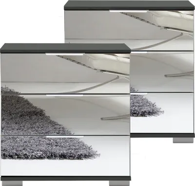 Produktbild von Schlafzimmer 2er Set Nachttisch Nachtschrank, auch für Boxspringbetten, in graphit mit Spiegelfront ELSTRA-43, B/H/T ca. 52/58/38 cm
