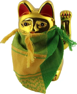 Produktbild von Winkekatze mit Palituch Mundschutz Maneki Neko Gangster Glückskatze 13 cm gold