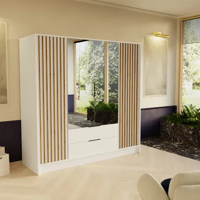 Image de Armoire à portes battantes NORI 200 cm - Armoire moderne avec lamelles, tiroirs et miroir, blanc