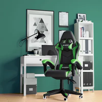 Produktbild von Bigzzia Bürostuhl, Gaming Stuhl, Gaming Sessel, Schreibtischstuhl, Ergonomisches Design mit Kissen, bis zu 110 kg, Grün