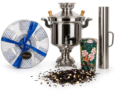Produktbild von Traditionelles Samowar-Komplettset 5 L aus Edelstahl mit Rauchrohr mit Porzellan-Teeservice und Chelton Ceylon Tee