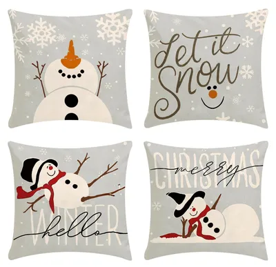 4 Leinen-Kissenbezüge Weihnachten 45x45 cm Schneemann