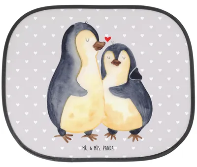 Produktbild von Mr. & Mrs. Panda Sonnenschutz Auto Pinguine Einschlafen - Grau Pastell - Geschenk, Liebesbeweis, Freund, hitzeschutz, Hochzeitstag, Valentinstag, Sonnenblende, für Frauen