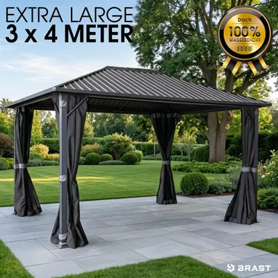 Produktbild von BRAST Pavillon Aluminium Miami | Größen 3x3m 3x4m 4x4m | viele Modelle | Hardtop mit Stahlach | wahlweise mit LEDs | Moskitonetz | Anthrazit | wasserdicht | UV-Schutz | 3x4m