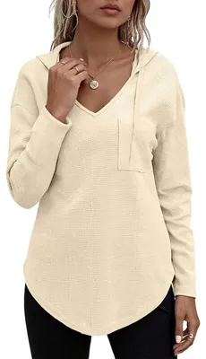 Obrázok produktu pre Dámska mikina s kapucňou, vaflovou štruktúrou a výstrihom do V, elegantný ležérny štýl, béžová, veľkosť M