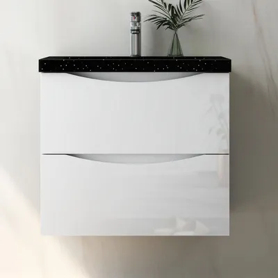 Produktbild von Badmöbel Set 60 cm Smiley Hochglanz Weiß Waschbecken Schwarz mit Unterschrank Hängeschrank Softclose