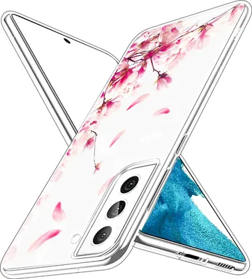 A clear protective phone case with a cherry blossom pattern is shown.