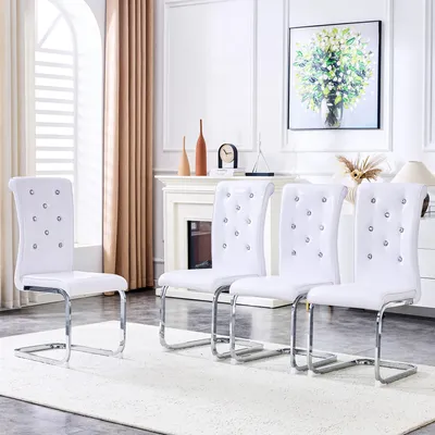Produktbild von Weiße Esszimmerstühle 4er Set elegante Retro Polsterstühle mit Kunstleder-Krokoprägung moderne Küchenstühle mit Kristallknöpfen und Chrombeinen