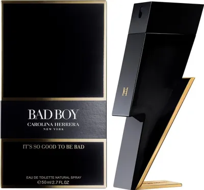 A black lightning bolt-shaped perfume bottle and its packaging are displayed against a white background.