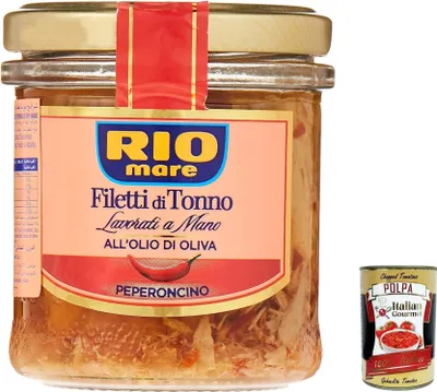 Produktbild von 12x Rio Mare Filettini di Tonno all'Olio di Oliva con Peperoncino Thunfischfilets in Olivenöl mit Chili, handgemacht 130g + Italian Gourmet polpa 400g