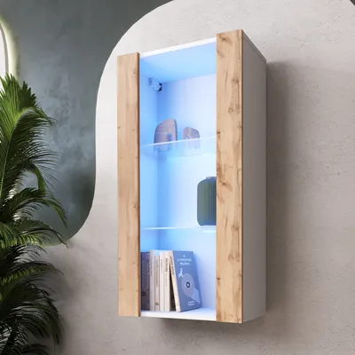 Produktbild von Komodee, Hängende Vitrine Schrank Tivoli, Wotan/Weiß, Breite 50cm x Höhe 100cm 50cm x Tiefe 29cm, LED Blau, 2 Regalböden, für Wohnzimmer, Schlafzimmer, Eingang
