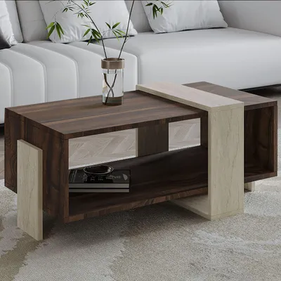 Produktbild von Skye Decor, Hochwertiger Couchtisch, Travertin & Walnuss, 90 x 40 x 49 cm | 100% melaminbeschichtete Spanplatte, Stärke: 18 mm | Ideal für modernes Wohnen, elegant und funktional.