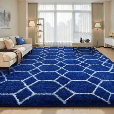Immagine prodotto di Tappeto a pelo lungo, blu e bianco, 240x340 cm, lavabile, antiscivolo