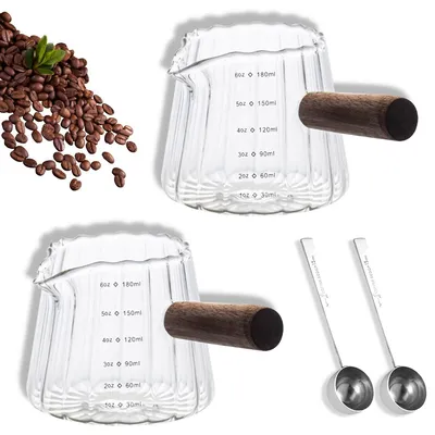 2 Espresso-Messbecher 180 ml mit Holzgriff und 2 Löffeln