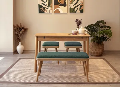 Produktbild von Skye Decor, Vina Mini 04 1070 - Oak, Green, Set aus ausziehbarem Esstisch und Stühlen (4-teilig), Eiche, 100 % MELAMINBESCHICHTETE SPANPLATTEN, 50 x 110 x 75 cm