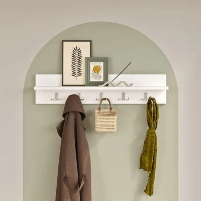 Produktbild von Wandgarderobe mit Ablage 10 Haken Holzoptik Weiß 80 cm